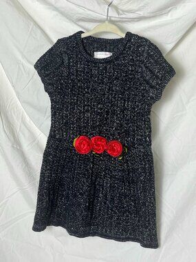 WonderKids Girls 4T Black Silver Knit Holiday Sweater Dress Red Roses